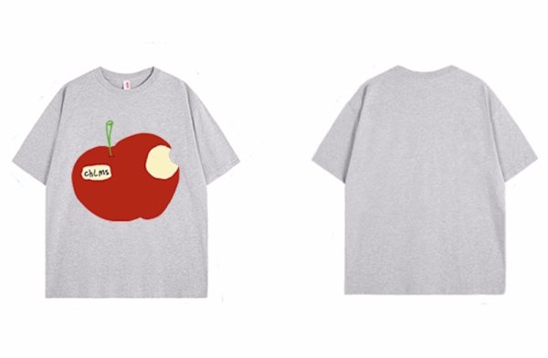 画像14: take bites out of a whole apple  print T-shirt　ユニセックスかじりかけのリンゴプリントラウンドネック半袖Tシャツ (14)