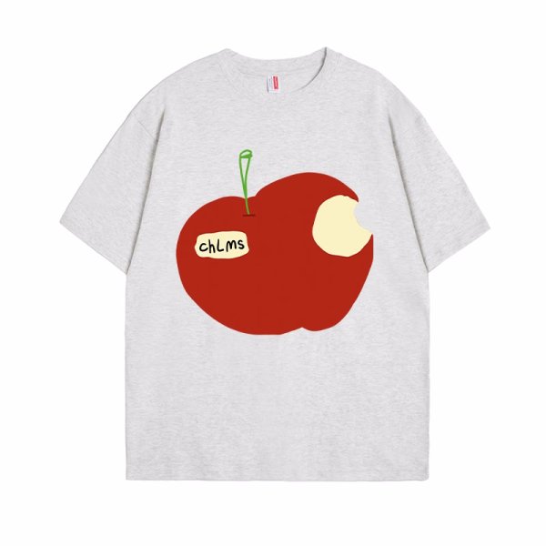 画像12: take bites out of a whole apple  print T-shirt　ユニセックスかじりかけのリンゴプリントラウンドネック半袖Tシャツ (12)