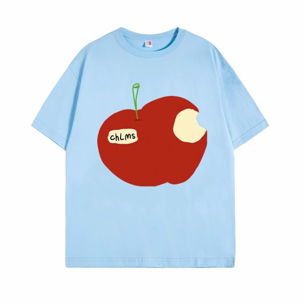 画像10: take bites out of a whole apple  print T-shirt　ユニセックスかじりかけのリンゴプリントラウンドネック半袖Tシャツ (10)