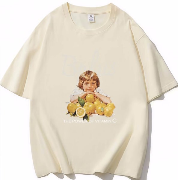 画像2: Girl and Lemon print T-shirt　ユニセックスノスタルジックガール＆レモンプリントラウンドネック半袖Tシャツ (2)