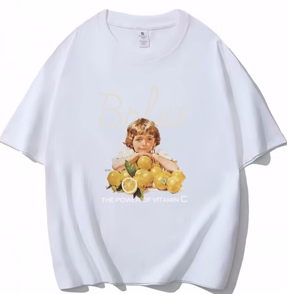 画像3: Girl and Lemon print T-shirt　ユニセックスノスタルジックガール＆レモンプリントラウンドネック半袖Tシャツ (3)