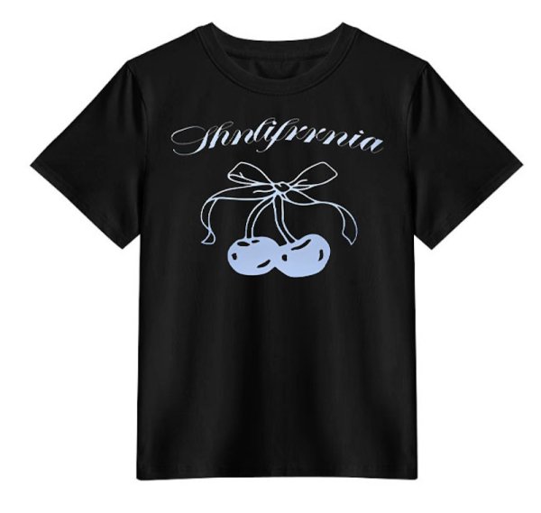 画像1: cherry ribbon print T-shirt　ユニセックスチェリーリボンプリントラウンドネック半袖Tシャツ (1)