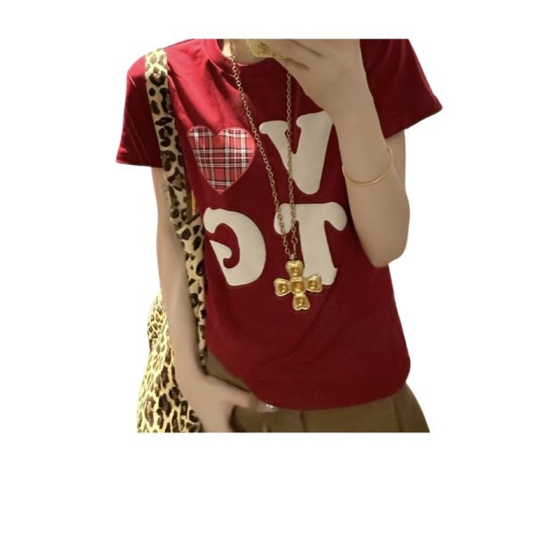 画像5: Heart Check Patch Print T-shirt　ハートチェックパッチプリントラウンドネック半袖Tシャツ (5)