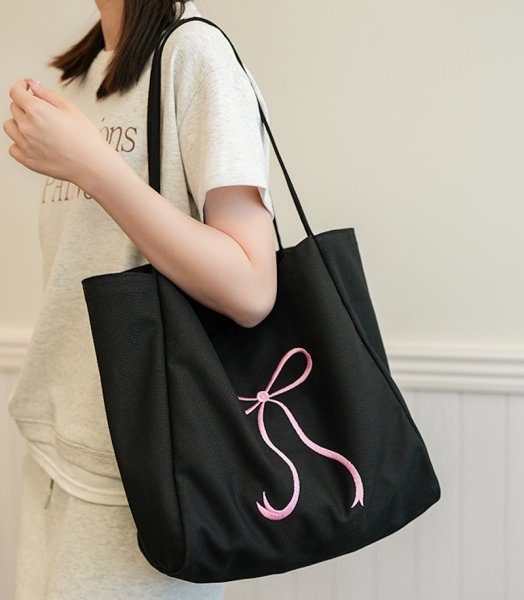 画像9: Ribbon Canvas Large Capacity Tote Shoulder Bag　　リボンポイントキャンバスラージキャパシティートートショルダーエコショッピングバッグ (9)