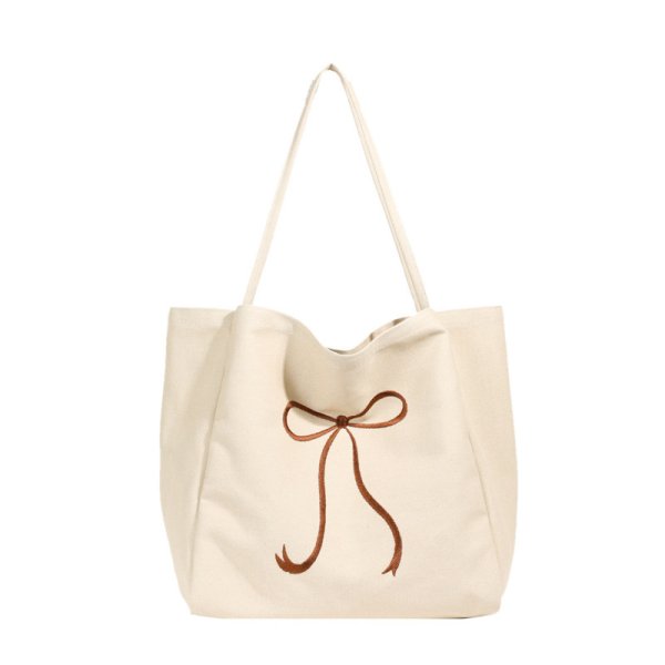 画像4: Ribbon Canvas Large Capacity Tote Shoulder Bag　　リボンポイントキャンバスラージキャパシティートートショルダーエコショッピングバッグ (4)