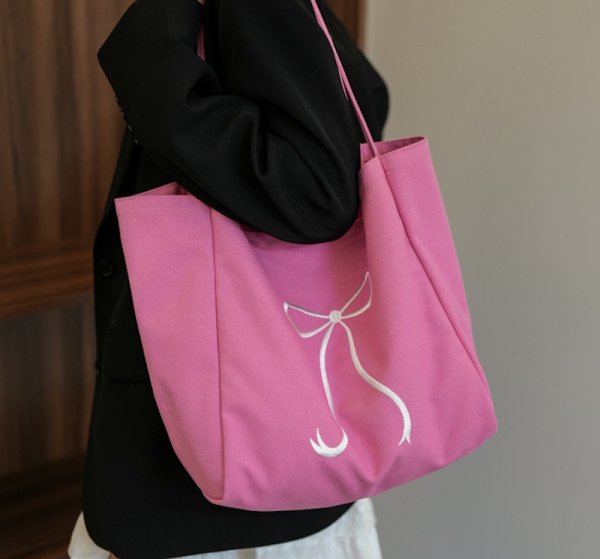 画像10: Ribbon Canvas Large Capacity Tote Shoulder Bag　　リボンポイントキャンバスラージキャパシティートートショルダーエコショッピングバッグ (10)