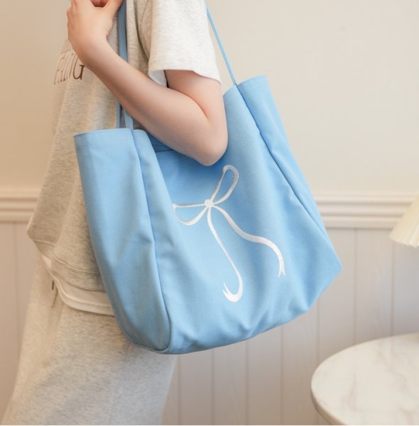 画像11: Ribbon Canvas Large Capacity Tote Shoulder Bag　　リボンポイントキャンバスラージキャパシティートートショルダーエコショッピングバッグ (11)