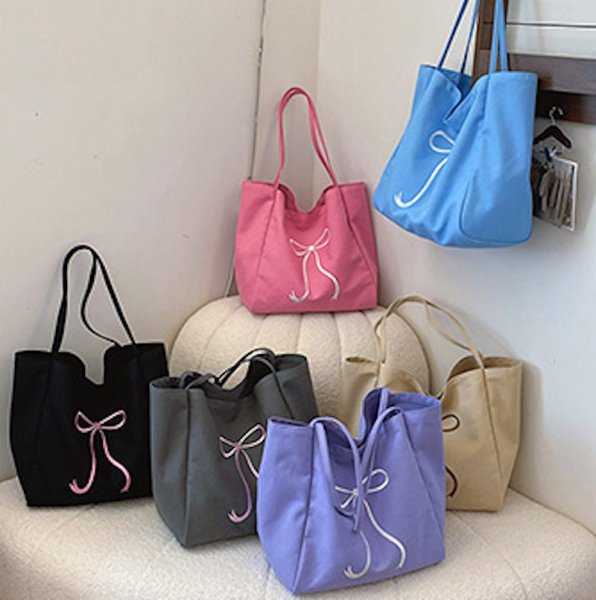 画像7: Ribbon Canvas Large Capacity Tote Shoulder Bag　　リボンポイントキャンバスラージキャパシティートートショルダーエコショッピングバッグ (7)