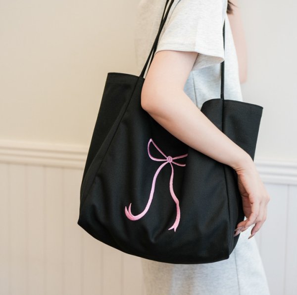 画像12: Ribbon Canvas Large Capacity Tote Shoulder Bag　　リボンポイントキャンバスラージキャパシティートートショルダーエコショッピングバッグ (12)