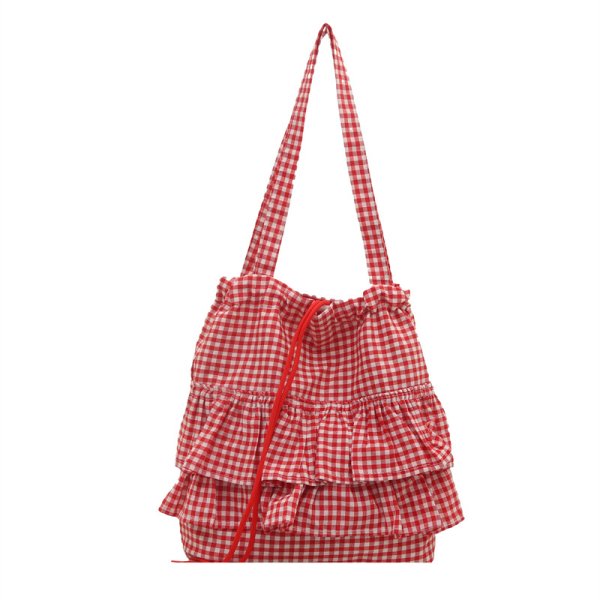 画像4: Gingham Check Frill Tote Shoulder Bag　　ギンガムチェックフリルトートショルダーエコショッピングバッグ (4)