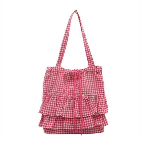 画像1: Gingham Check Frill Tote Shoulder Bag　　ギンガムチェックフリルトートショルダーエコショッピングバッグ (1)