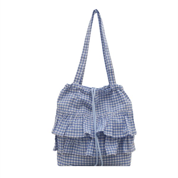 画像3: Gingham Check Frill Tote Shoulder Bag　　ギンガムチェックフリルトートショルダーエコショッピングバッグ (3)