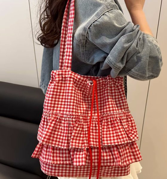画像8: Gingham Check Frill Tote Shoulder Bag　　ギンガムチェックフリルトートショルダーエコショッピングバッグ (8)