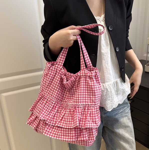 画像5: Gingham Check Frill Tote Shoulder Bag　　ギンガムチェックフリルトートショルダーエコショッピングバッグ (5)