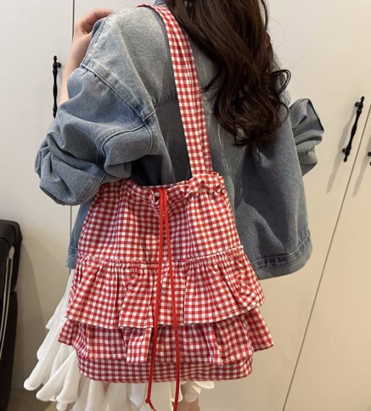 画像6: Gingham Check Frill Tote Shoulder Bag　　ギンガムチェックフリルトートショルダーエコショッピングバッグ (6)
