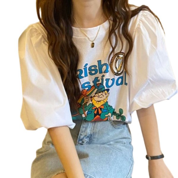 画像1: Illustration Puff sleeve oversized T-shirt short-sleeved 　パフスリーブイラストラウンドネック半袖 Tシャツ (1)