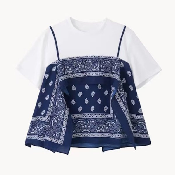 画像1: Stylish T-shirt with bandana paisley vest look　バンダナペイズリー柄重ね着スタイルラウンドネック半袖Tシャツ (1)