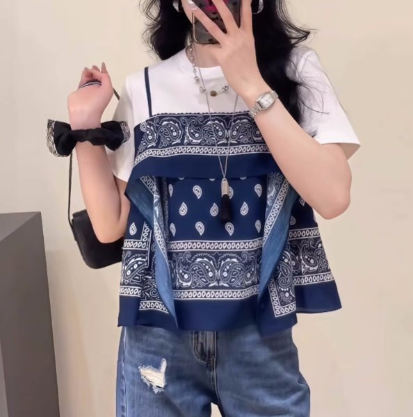 画像4: Stylish T-shirt with bandana paisley vest look　バンダナペイズリー柄重ね着スタイルラウンドネック半袖Tシャツ (4)