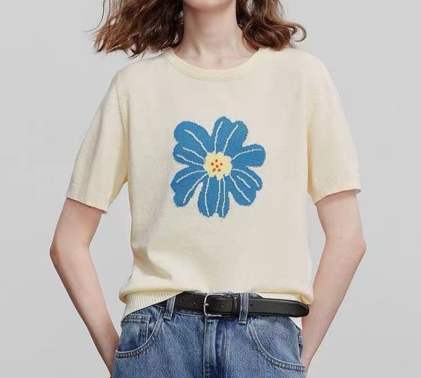 画像5: Flower knit short sleeve summer sweater　フラワー編み込みサマーセーター　ニット (5)