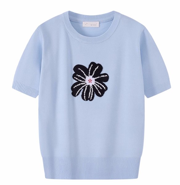 画像1: Flower knit short sleeve summer sweater　フラワー編み込みサマーセーター　ニット (1)