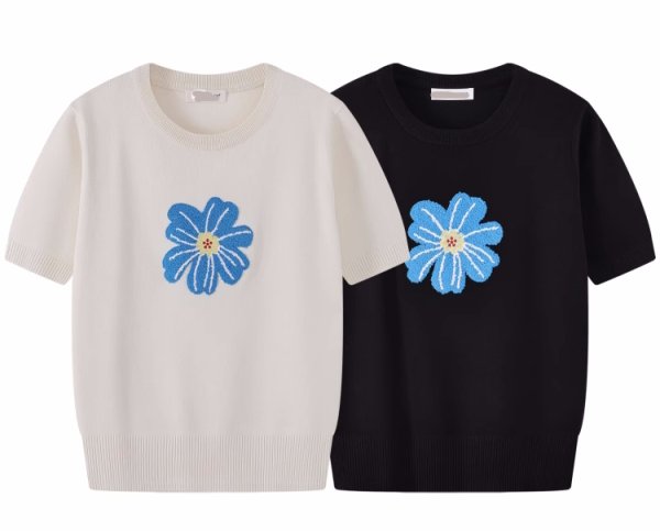 画像3: Flower knit short sleeve summer sweater　フラワー編み込みサマーセーター　ニット (3)