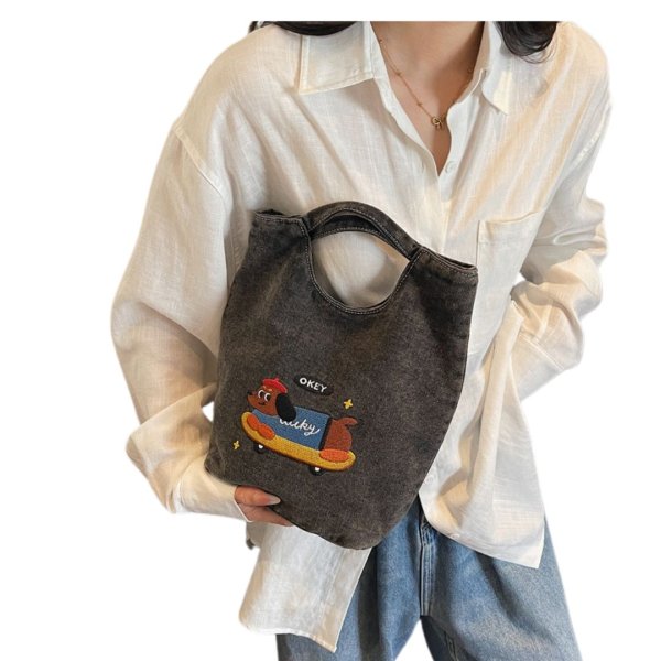 画像6: Dachshund embroidered denim tote bag   ダックスフンド刺繍デニムトートショルダーバッグ (6)