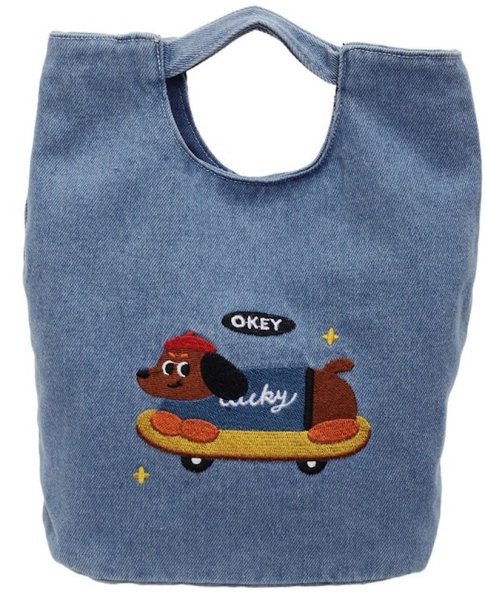 画像1: Dachshund embroidered denim tote bag   ダックスフンド刺繍デニムトートショルダーバッグ (1)