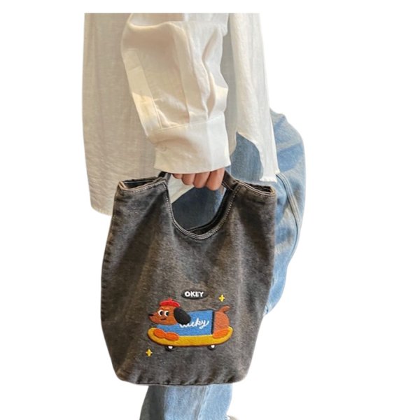 画像4: Dachshund embroidered denim tote bag   ダックスフンド刺繍デニムトートショルダーバッグ (4)