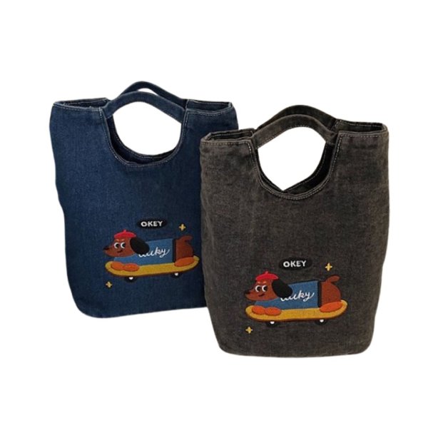 画像3: Dachshund embroidered denim tote bag   ダックスフンド刺繍デニムトートショルダーバッグ (3)
