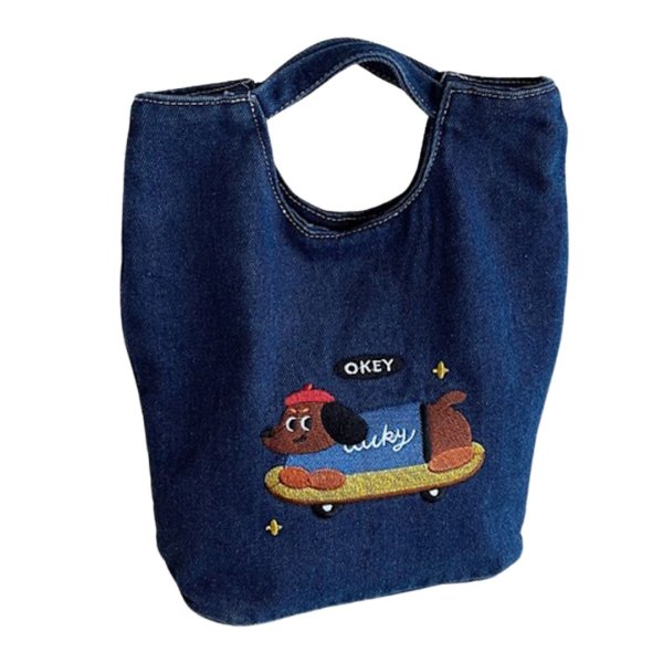 画像2: Dachshund embroidered denim tote bag   ダックスフンド刺繍デニムトートショルダーバッグ (2)