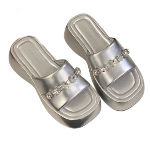 画像11: Thick sole rhinestone leather beach sandals, platform sandals slippers　厚底ラインストーンレザープラットフォームサンダル　スリッパ (11)