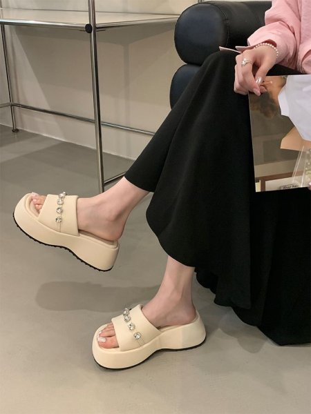 画像10: Thick sole rhinestone leather beach sandals, platform sandals slippers　厚底ラインストーンレザープラットフォームサンダル　スリッパ (10)