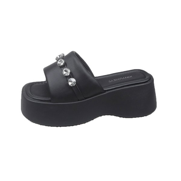 画像1: Thick sole rhinestone leather beach sandals, platform sandals slippers　厚底ラインストーンレザープラットフォームサンダル　スリッパ (1)