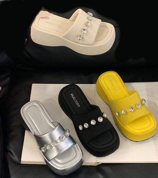 画像9: Thick sole rhinestone leather beach sandals, platform sandals slippers　厚底ラインストーンレザープラットフォームサンダル　スリッパ (9)