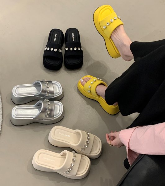 画像6: Thick sole rhinestone leather beach sandals, platform sandals slippers　厚底ラインストーンレザープラットフォームサンダル　スリッパ (6)