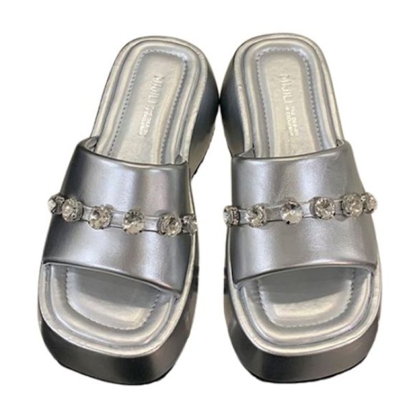 画像3: Thick sole rhinestone leather beach sandals, platform sandals slippers　厚底ラインストーンレザープラットフォームサンダル　スリッパ (3)
