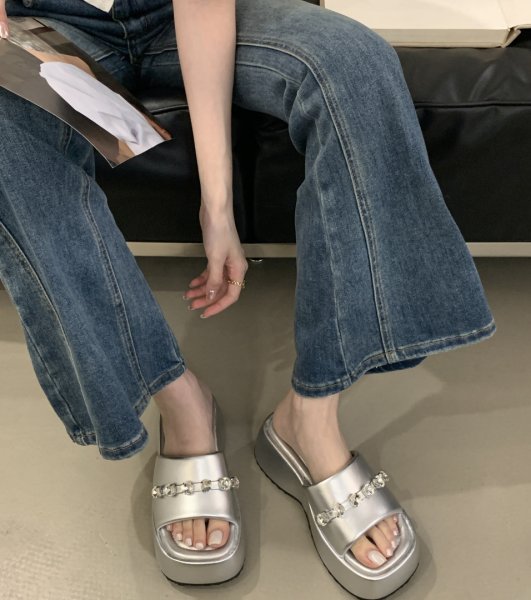 画像7: Thick sole rhinestone leather beach sandals, platform sandals slippers　厚底ラインストーンレザープラットフォームサンダル　スリッパ (7)