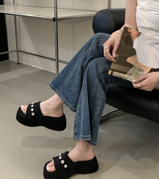 画像8: Thick sole rhinestone leather beach sandals, platform sandals slippers　厚底ラインストーンレザープラットフォームサンダル　スリッパ (8)