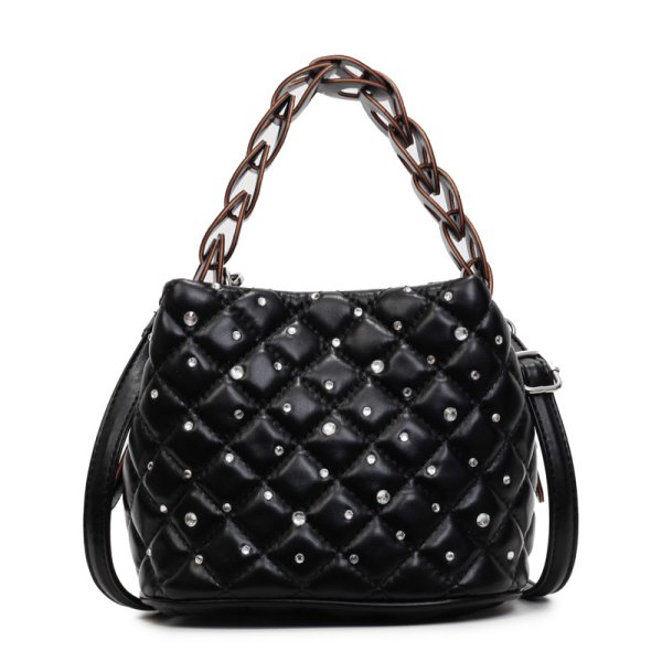 画像1: Leather quilted rhinestone bucket tote shoulder bag   レザーキルティングラインストーン付きバケットトートショルダーバッグ (1)