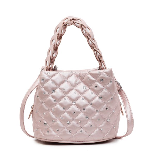 画像3: Leather quilted rhinestone bucket tote shoulder bag   レザーキルティングラインストーン付きバケットトートショルダーバッグ (3)