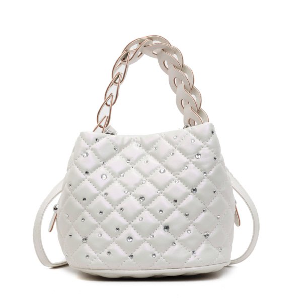 画像2: Leather quilted rhinestone bucket tote shoulder bag   レザーキルティングラインストーン付きバケットトートショルダーバッグ (2)