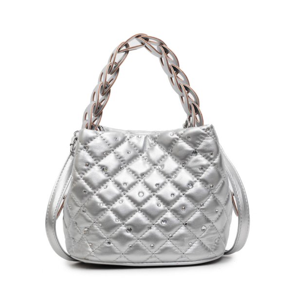 画像4: Leather quilted rhinestone bucket tote shoulder bag   レザーキルティングラインストーン付きバケットトートショルダーバッグ (4)