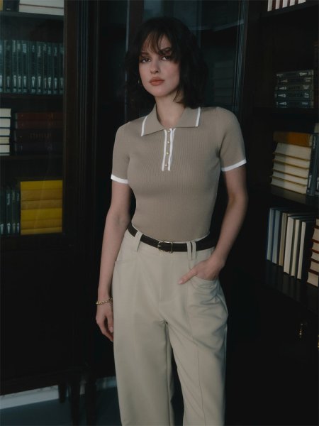 画像13: Polo collar short sleeve ribbed summer sweater　ポロカラー半袖リブサマーセーター　ニット (13)