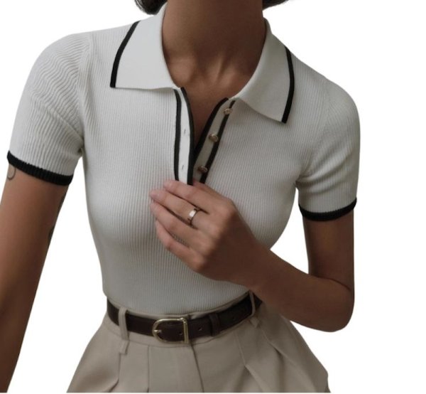 画像1: Polo collar short sleeve ribbed summer sweater　ポロカラー半袖リブサマーセーター　ニット (1)