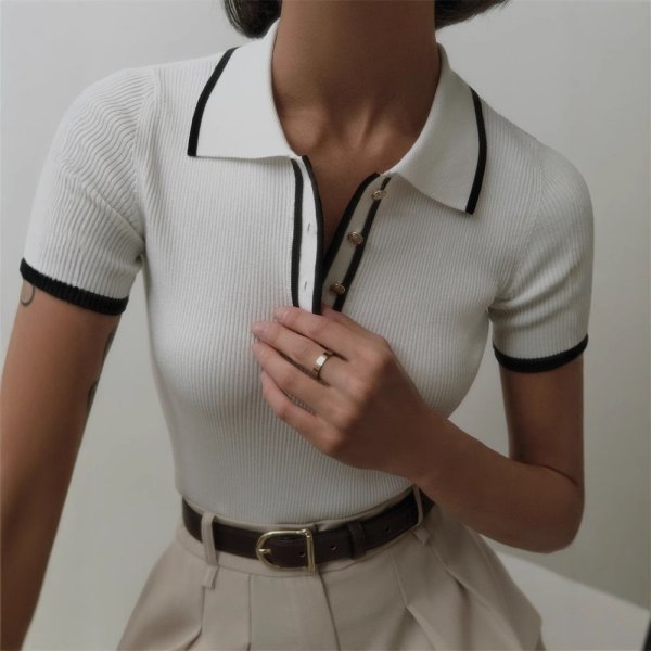 画像7: Polo collar short sleeve ribbed summer sweater　ポロカラー半袖リブサマーセーター　ニット (7)