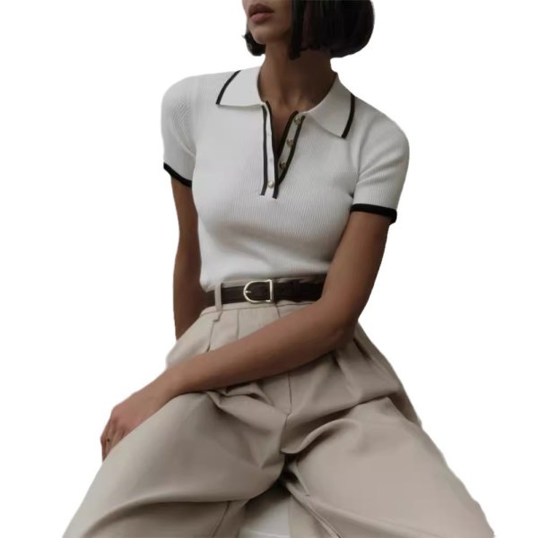 画像11: Polo collar short sleeve ribbed summer sweater　ポロカラー半袖リブサマーセーター　ニット (11)