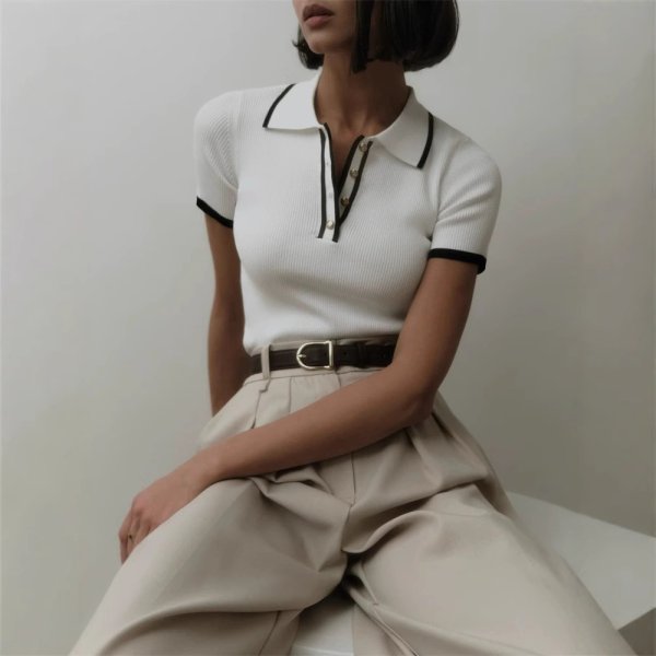 画像9: Polo collar short sleeve ribbed summer sweater　ポロカラー半袖リブサマーセーター　ニット (9)