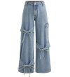 画像1: Bow ribbon denim wide pants 　リボンボウ付デニムワイドストレートパンツジーンズ (1)