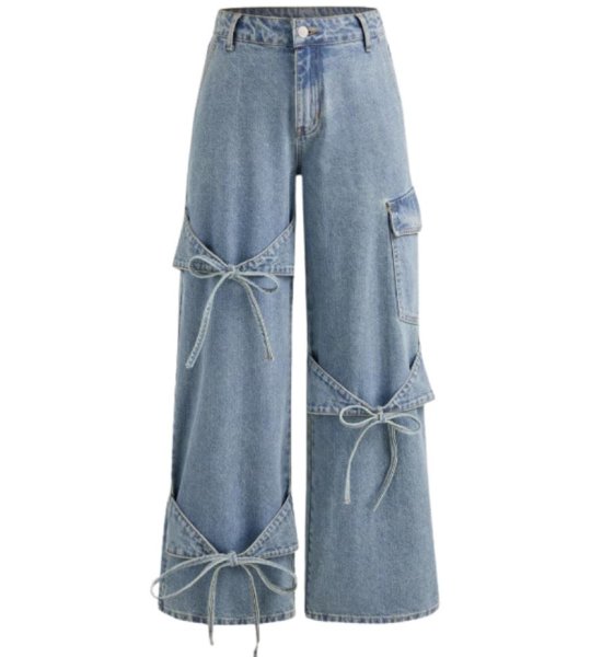 画像1: Bow ribbon denim wide pants 　リボンボウ付デニムワイドストレートパンツジーンズ (1)