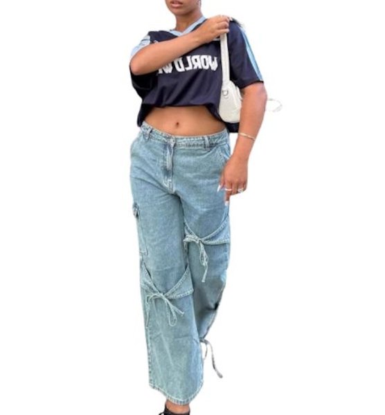 画像2: Bow ribbon denim wide pants 　リボンボウ付デニムワイドストレートパンツジーンズ (2)